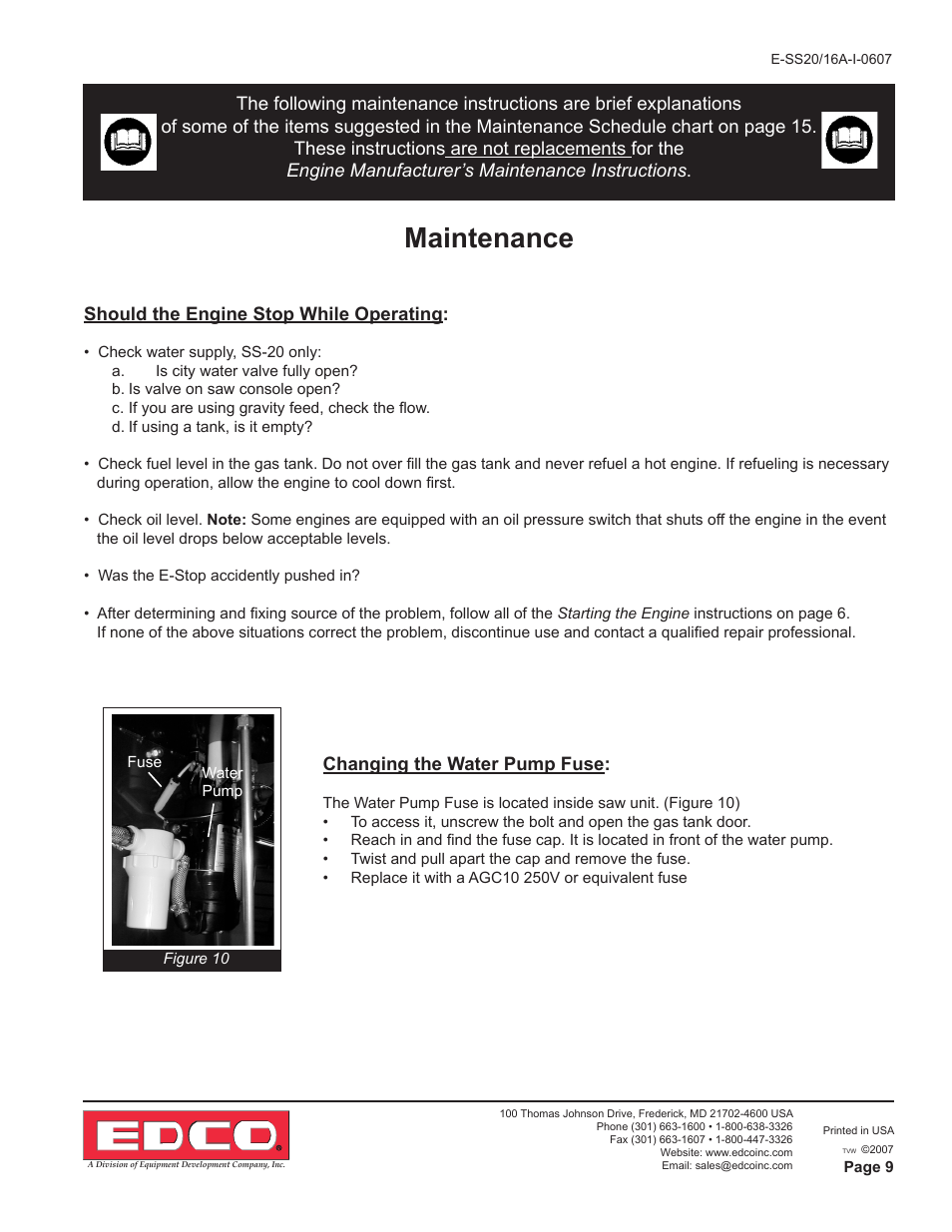 Maintenance, Should the engine stop while operating, Changing the water pump fuse | EDCO SS-16A User Manual | Page 9 / 16