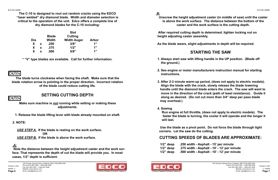 Setting cutting depth, Starting the saw, Cutting speeds of blades are approximate | EDCO C-10 User Manual | Page 4 / 7