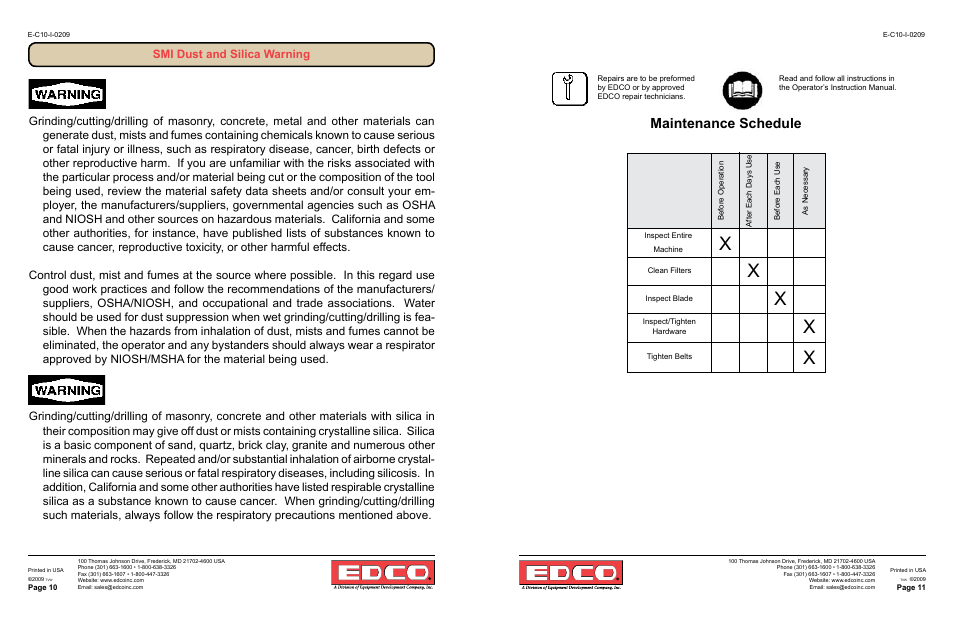 Maintenance schedule | EDCO C-10 User Manual | Page 6 / 7