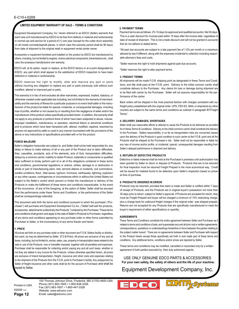 Equipment development company, inc, Page 12, Use only genuine edco parts & accessories | EDCO C-10 User Manual | Page 7 / 7