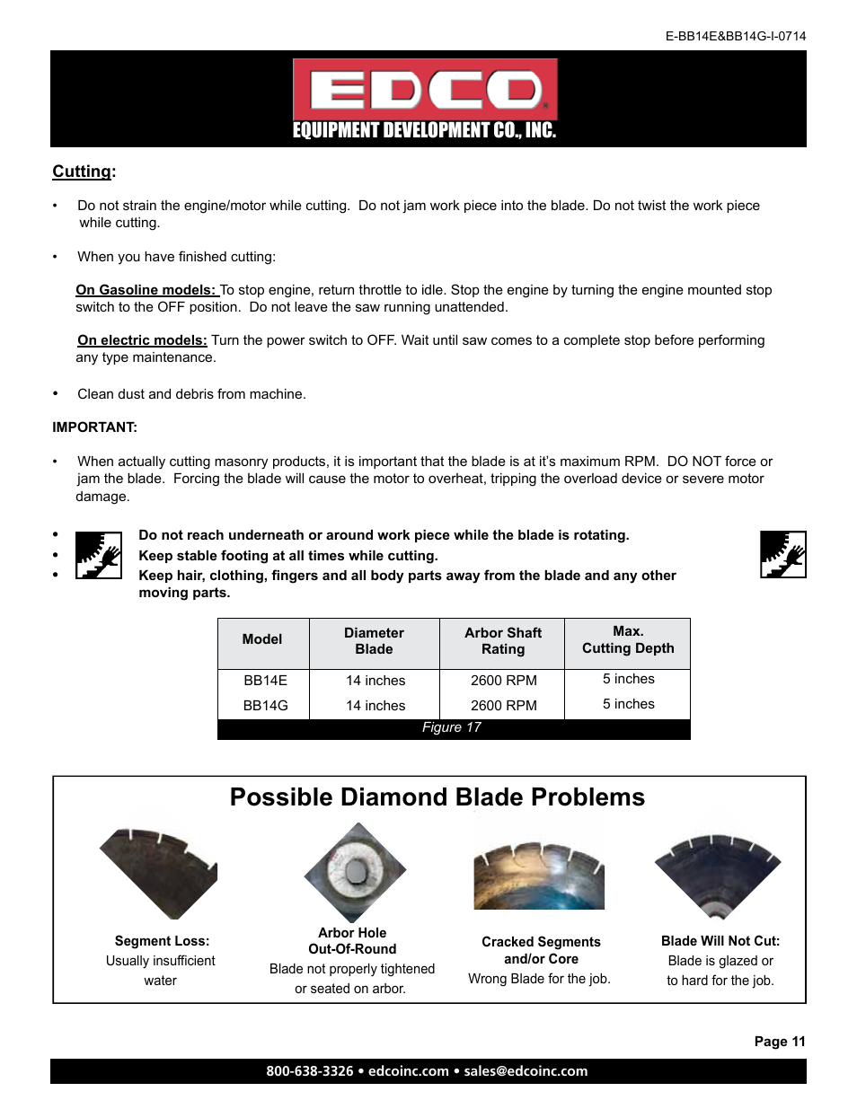 Possible diamond blade problems, Equipment development co., inc | EDCO BB14E User Manual | Page 11 / 20