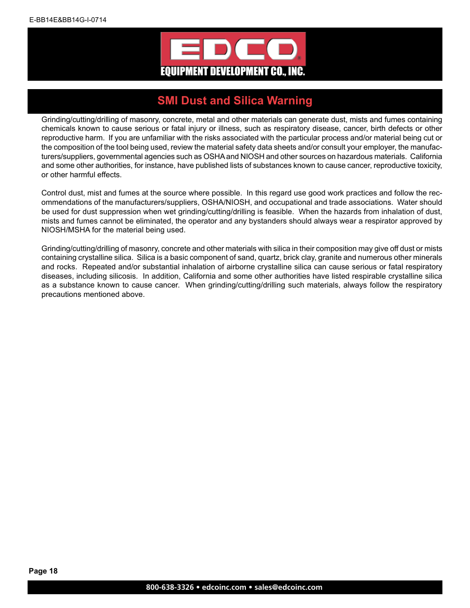 Smi dust and silica warning, Equipment development co., inc | EDCO BB14E User Manual | Page 18 / 20