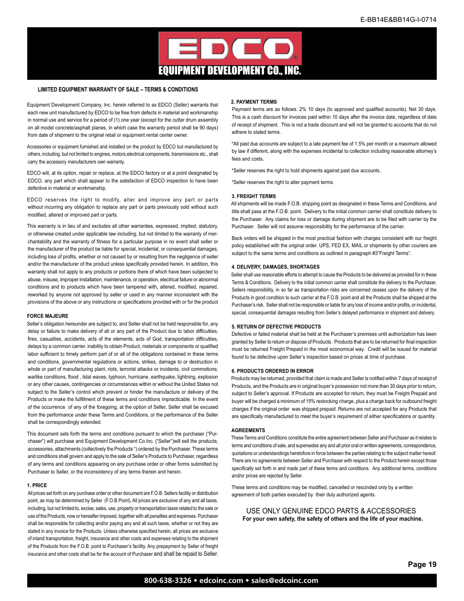 Equipment development co., inc, Page 19, Use only genuine edco parts & accessories | EDCO BB14E User Manual | Page 19 / 20