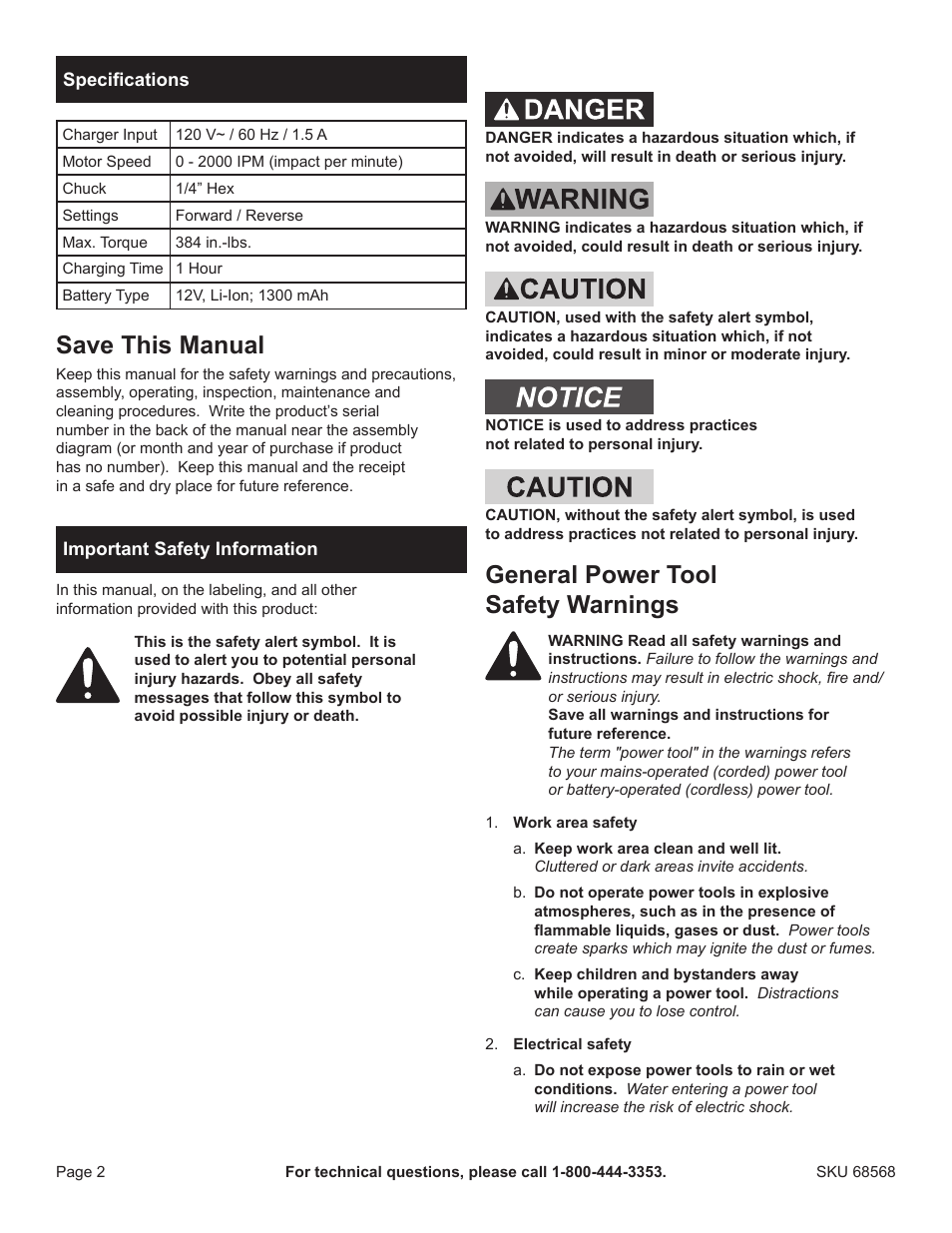 Save this manual, General power tool safety warnings | Chicago Electric 68568 User Manual | Page 2 / 12