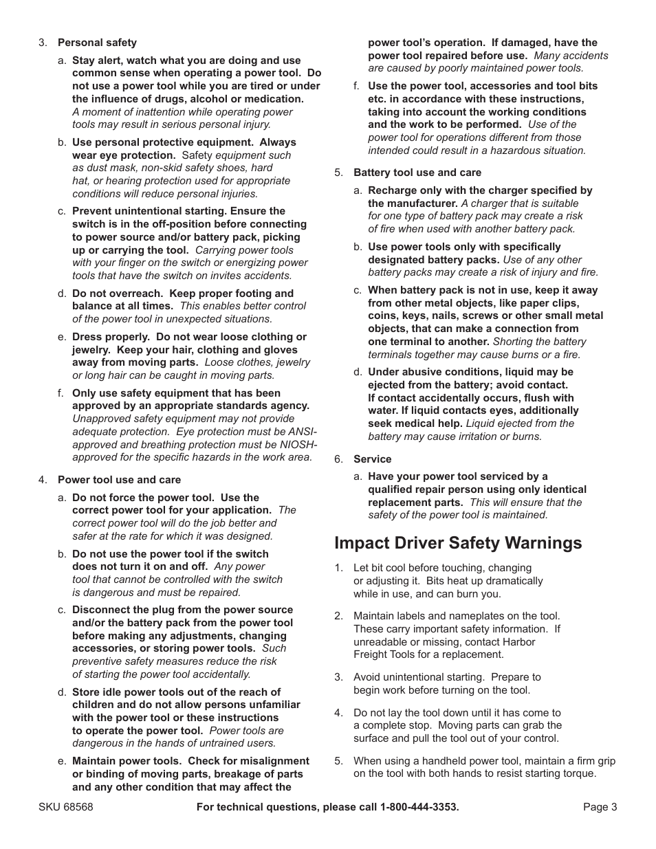 Impact driver safety warnings | Chicago Electric 68568 User Manual | Page 3 / 12