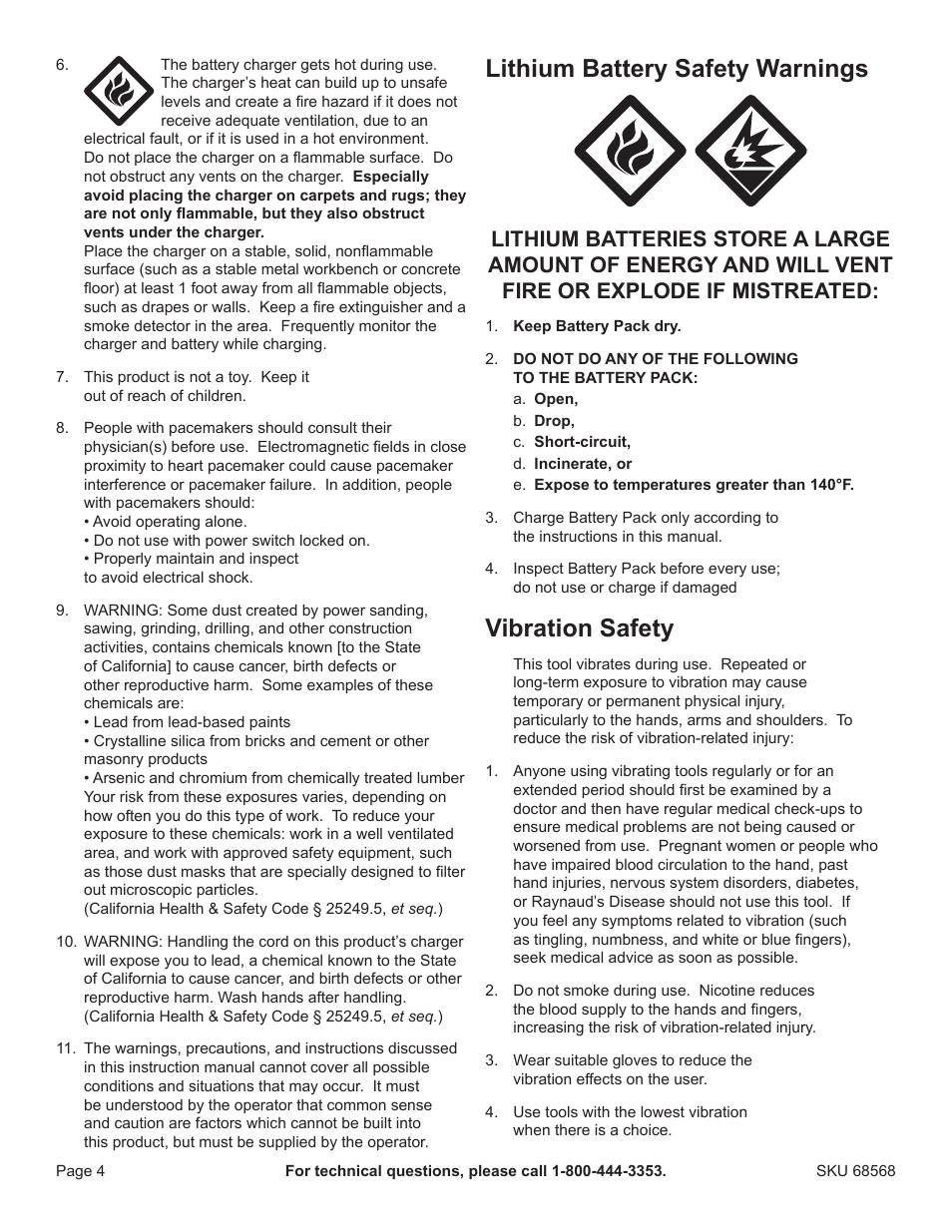 Lithium battery safety warnings, Vibration safety | Chicago Electric 68568 User Manual | Page 4 / 12