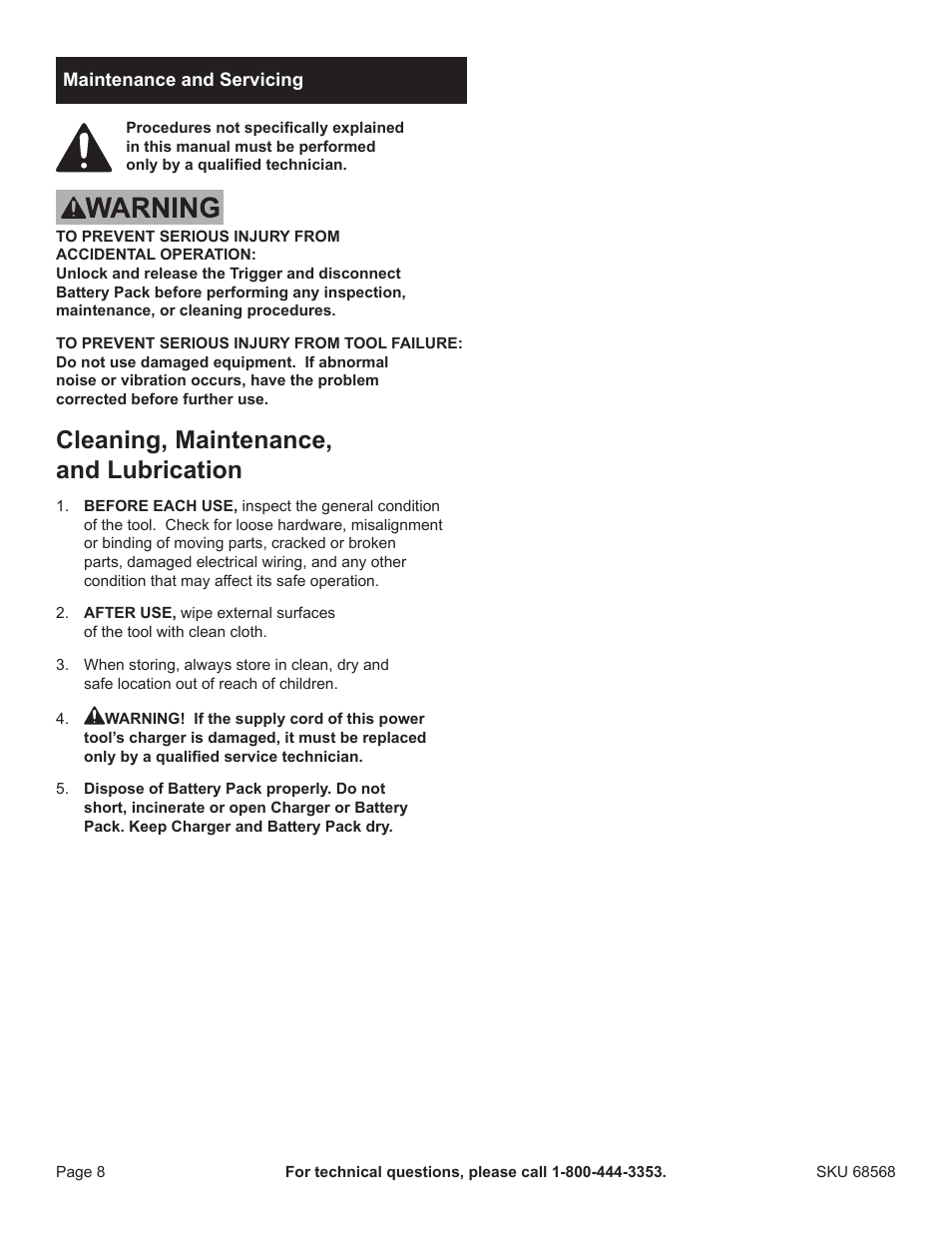 Cleaning, maintenance, and lubrication | Chicago Electric 68568 User Manual | Page 8 / 12