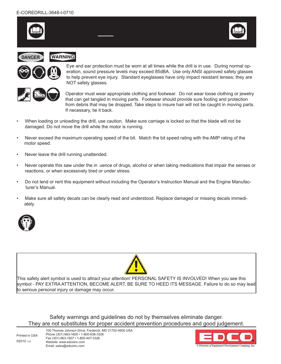 Safety guidelines, Safety alert symbol | EDCO 48 CORE DRILL User Manual | Page 4 / 12
