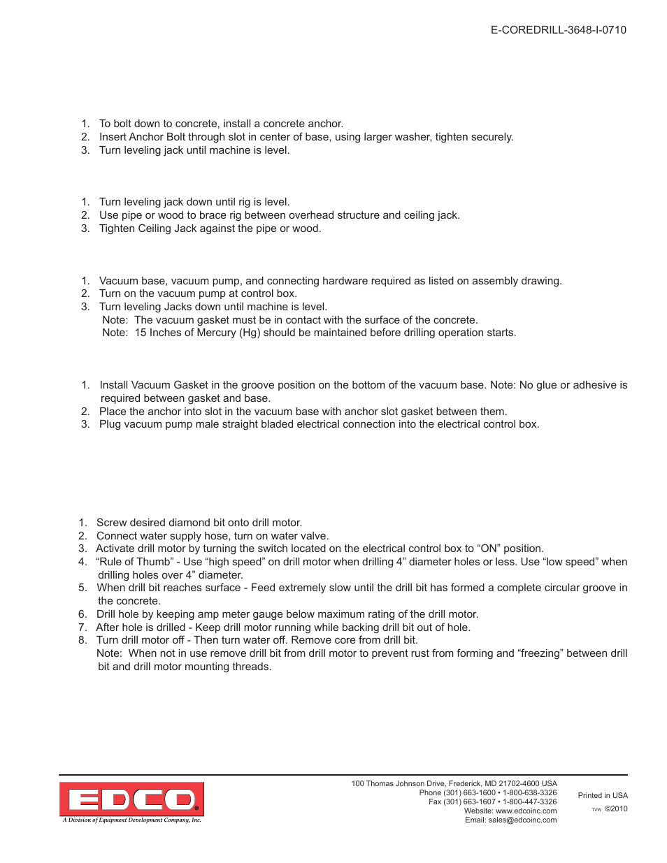 Securing instructions, Drilling instructions | EDCO 48 CORE DRILL User Manual | Page 5 / 12