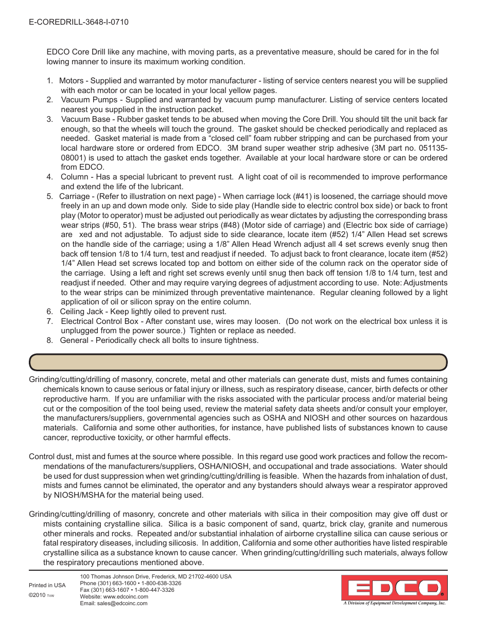 Preventive maintenance instructions, Smi dust and silica warning | EDCO 48 CORE DRILL User Manual | Page 6 / 12