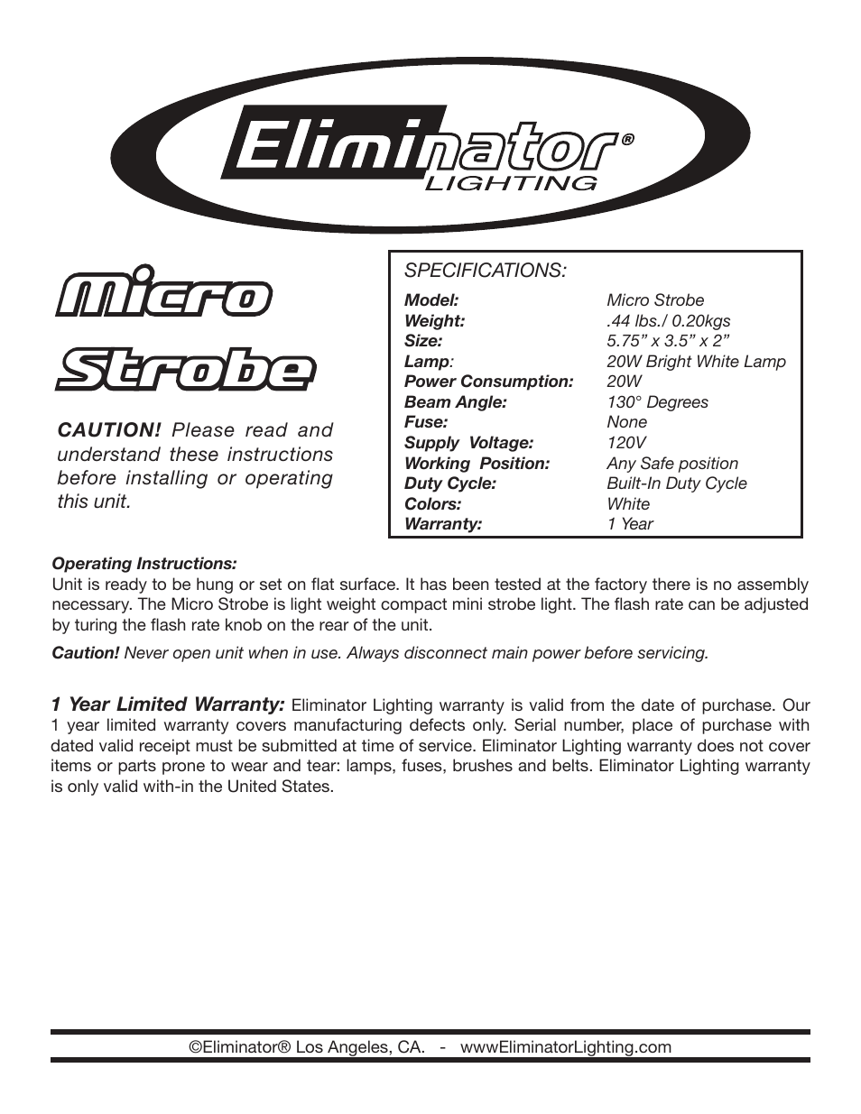 Eliminator Lighting Micro Strobe User Manual | 1 page