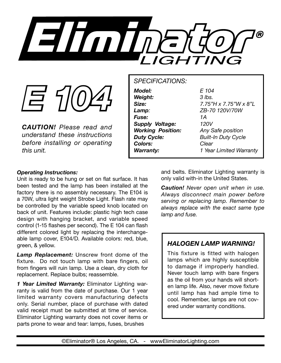 Eliminator Lighting E-104 User Manual | 1 page