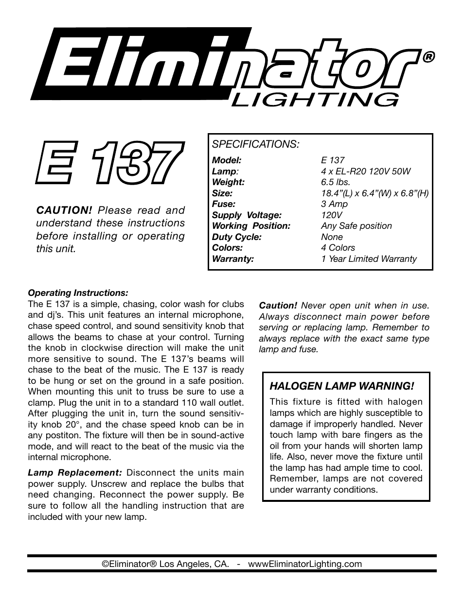 Eliminator Lighting E-137 User Manual | 2 pages