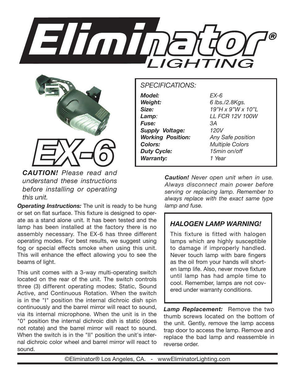 Eliminator Lighting EX-6 User Manual | 2 pages