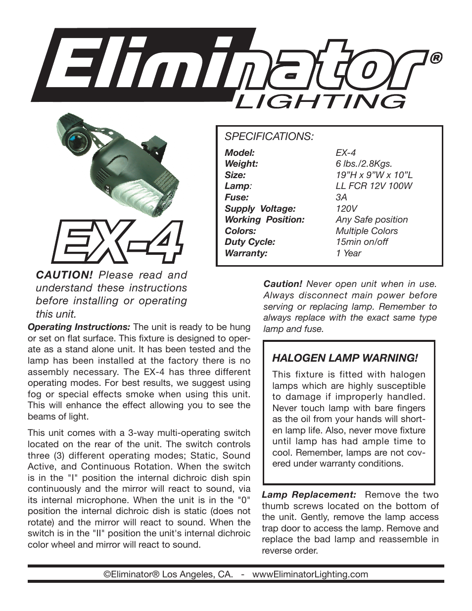 Eliminator Lighting EX-4 User Manual | 2 pages