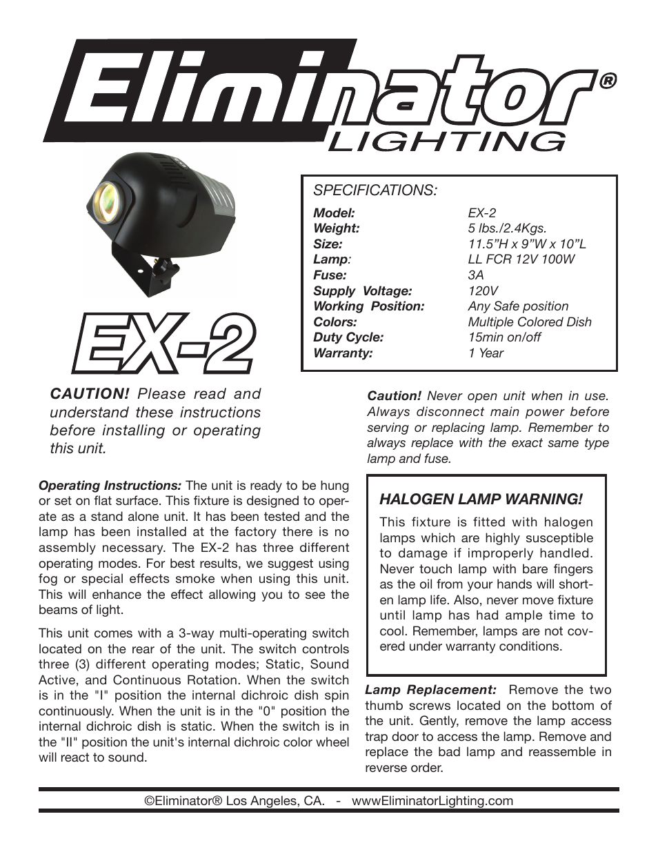 Eliminator Lighting EX-2 User Manual | 2 pages