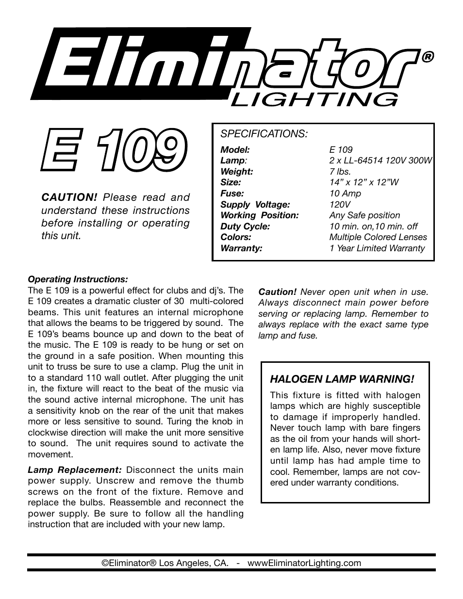 Eliminator Lighting E-109 User Manual | 2 pages