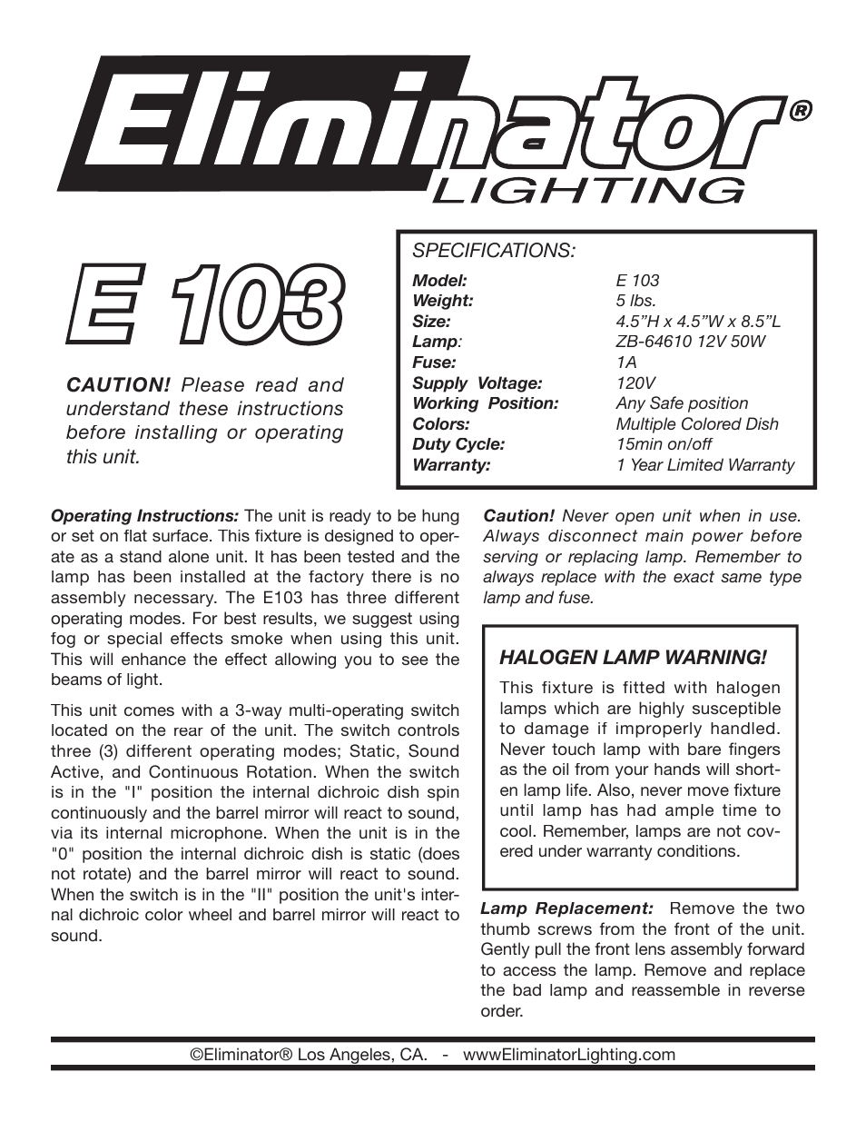 Eliminator Lighting E-103 User Manual | 2 pages