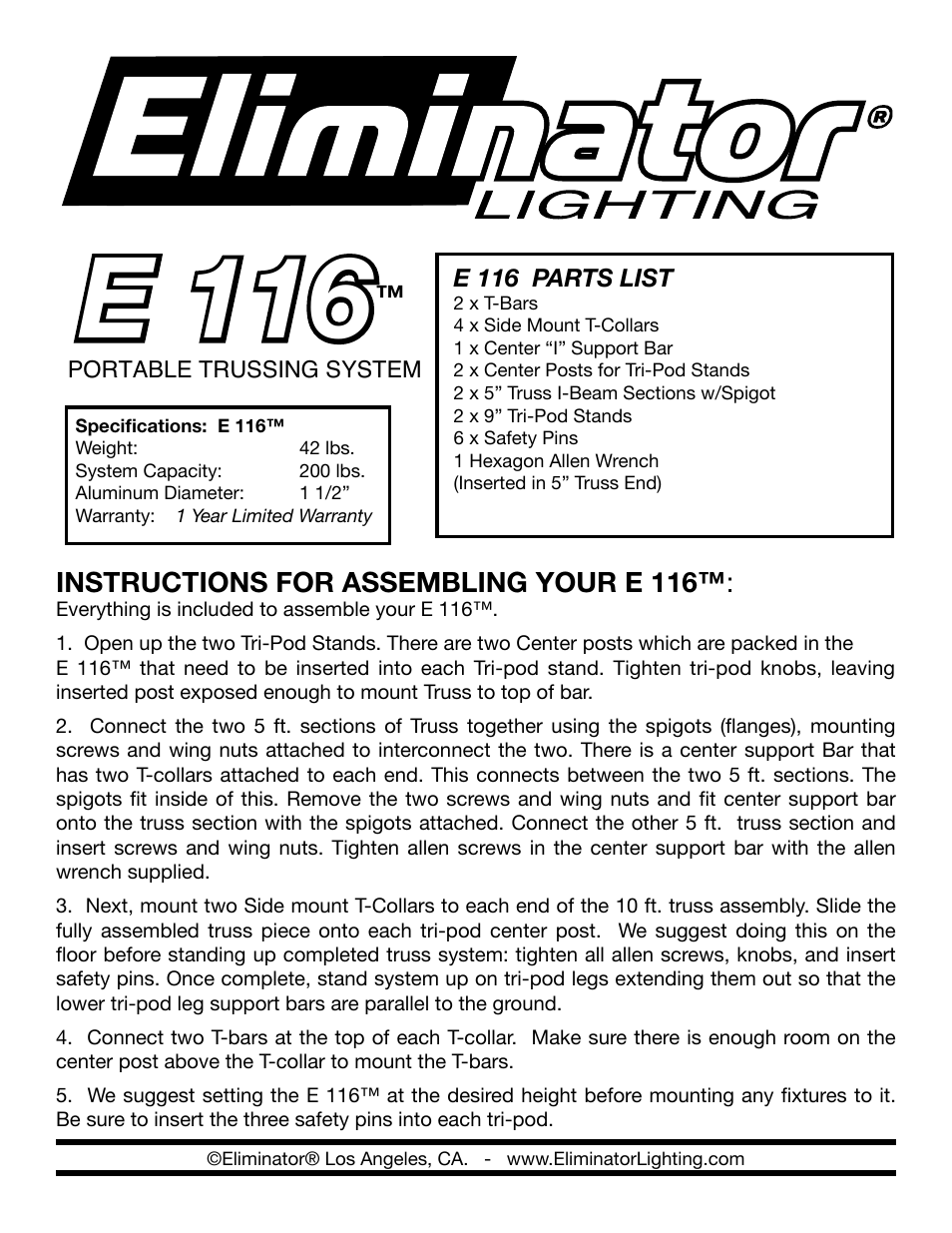 Eliminator Lighting E-116 User Manual | 2 pages