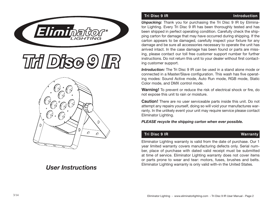 Eliminator Lighting TRiDiSC 9 IR User Manual | 10 pages