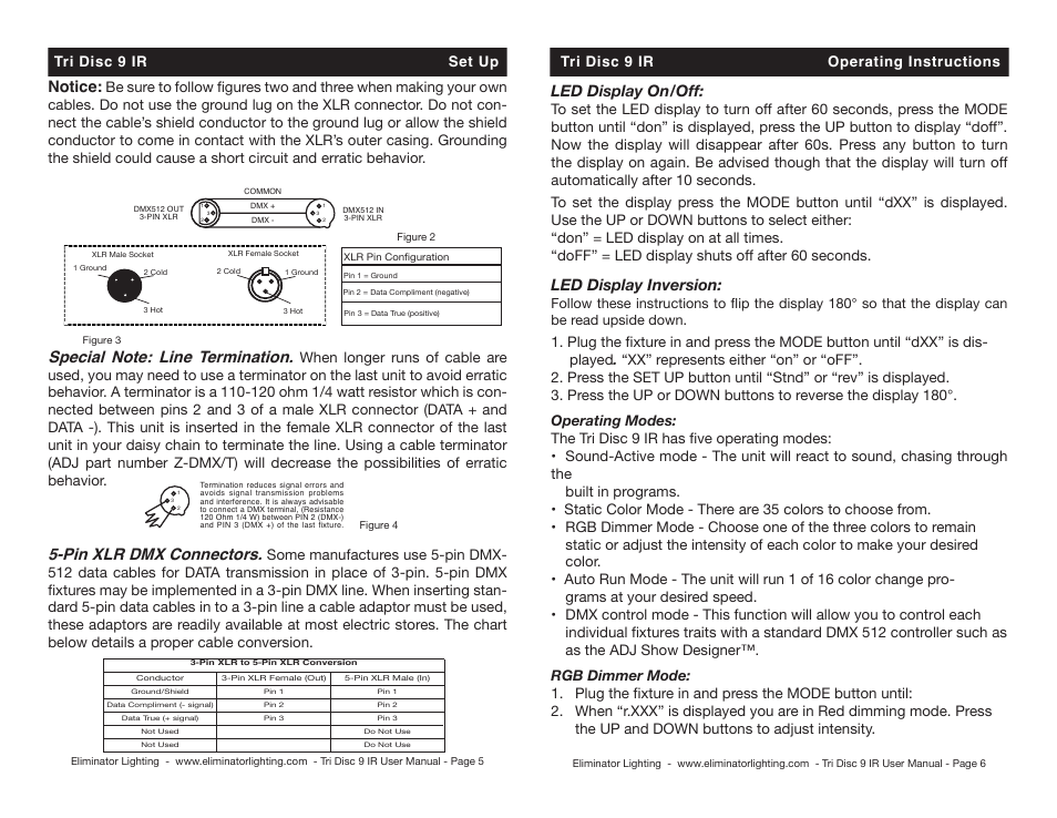 Notice, Pin xlr dmx connectors, Led display on/off | Led display inversion, Tri disc 9 ir operating instructions | Eliminator Lighting TRiDiSC 9 IR User Manual | Page 3 / 10