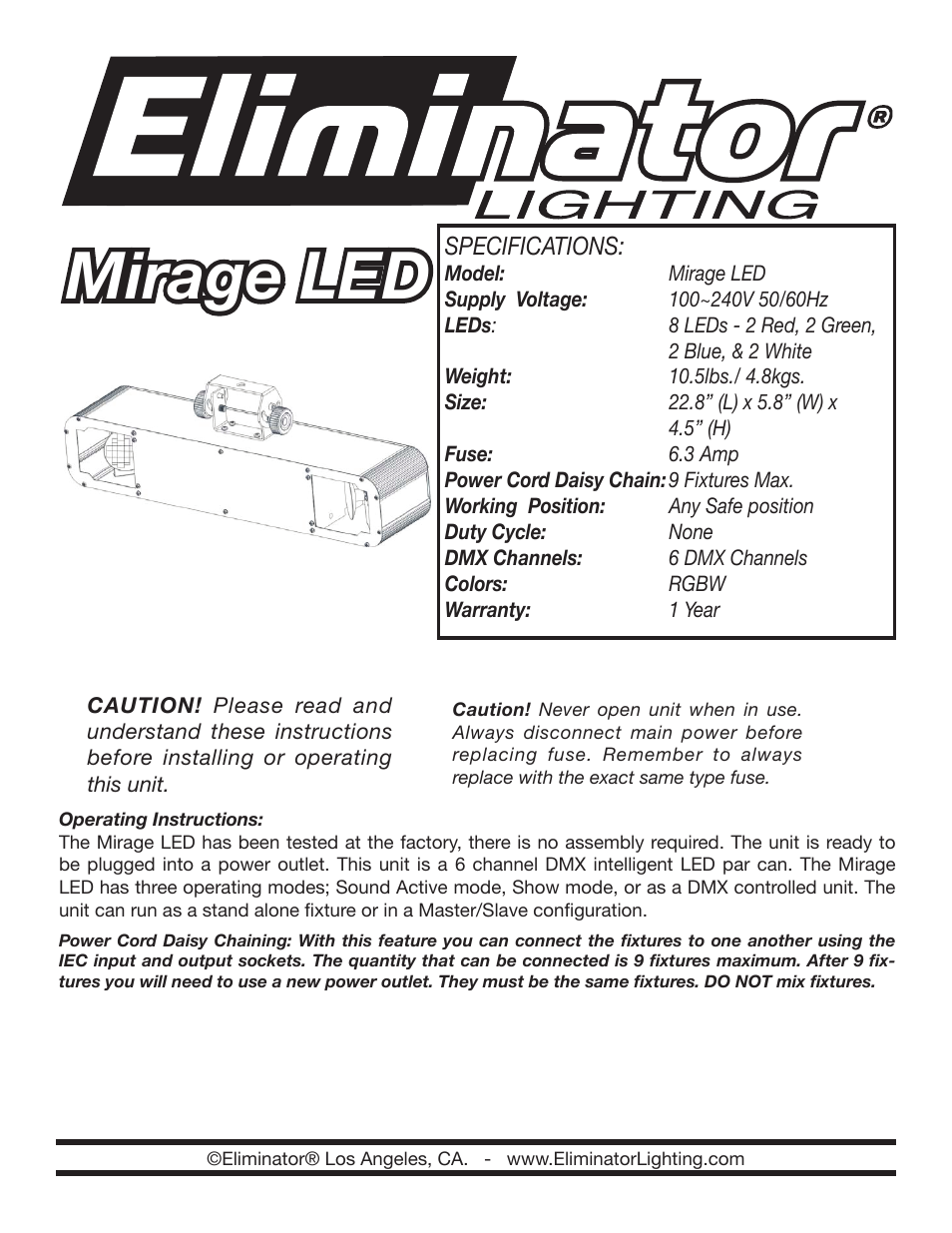 Eliminator Lighting Mirage LED User Manual | 4 pages