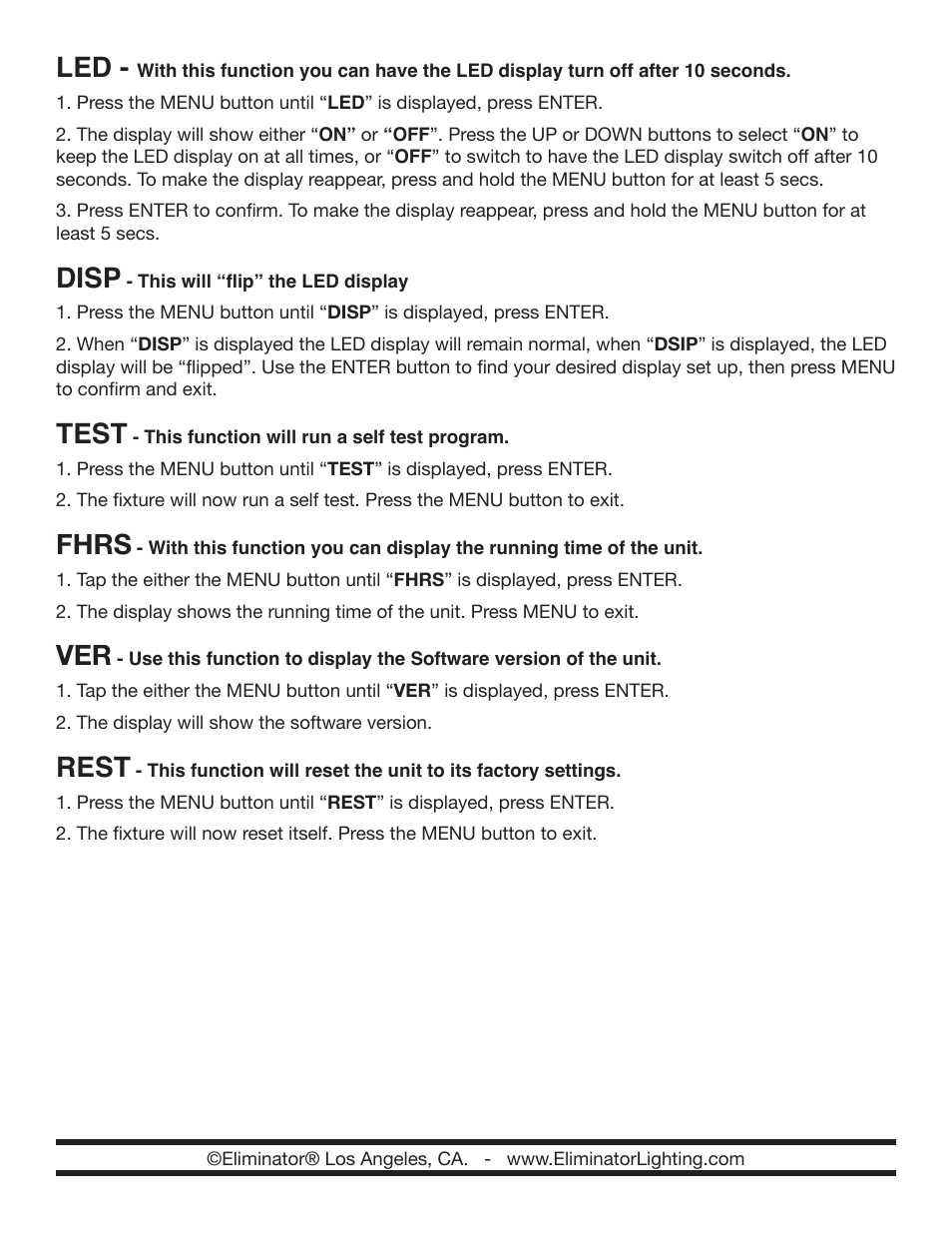 Disp, Test, Fhrs | Rest | Eliminator Lighting Mirage LED User Manual | Page 3 / 4