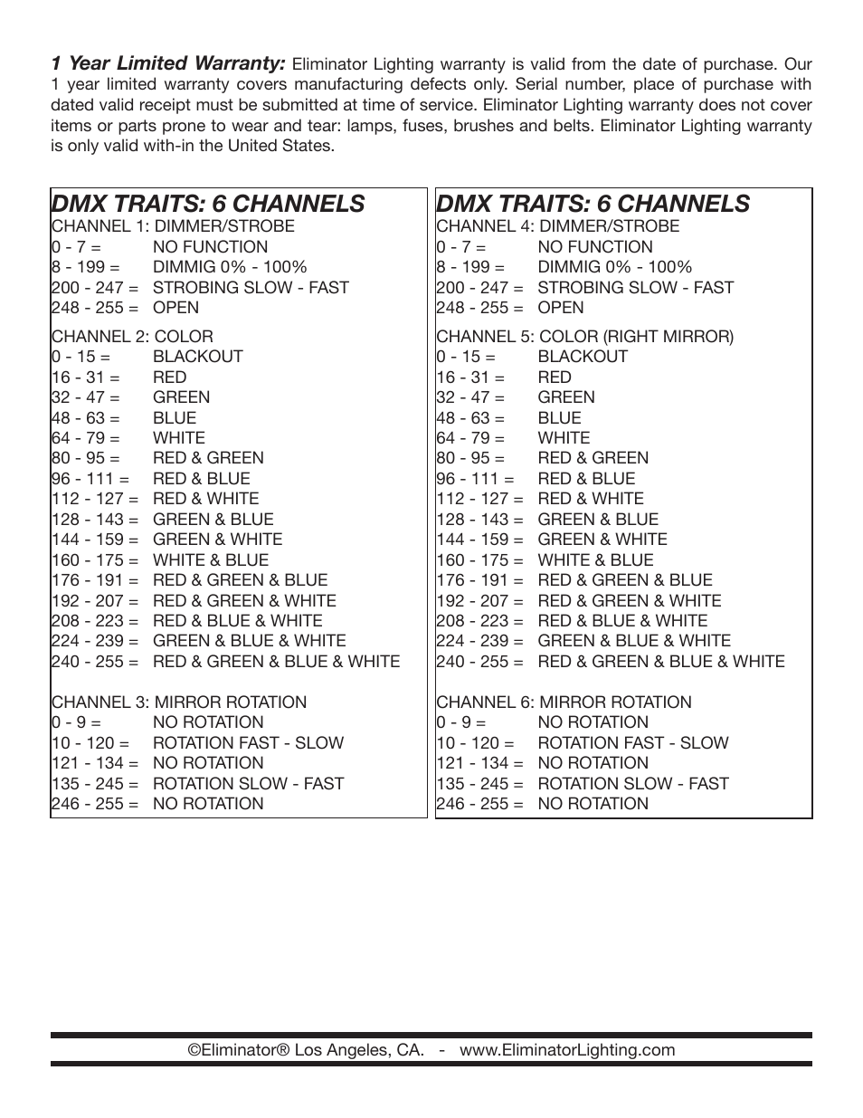 Dmx traits: 6 channels | Eliminator Lighting Mirage LED User Manual | Page 4 / 4