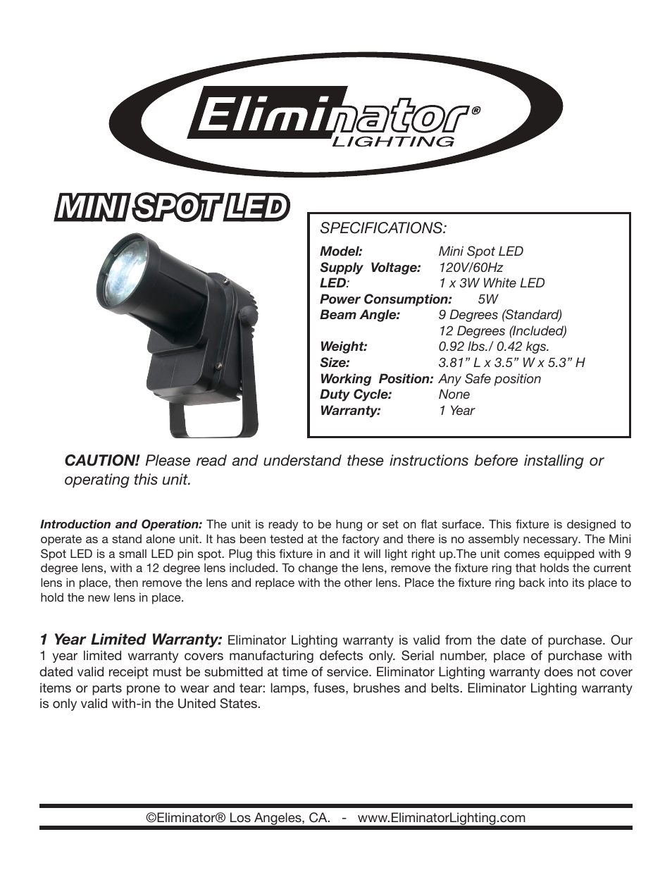 Eliminator Lighting Mini Spot LED User Manual | 1 page