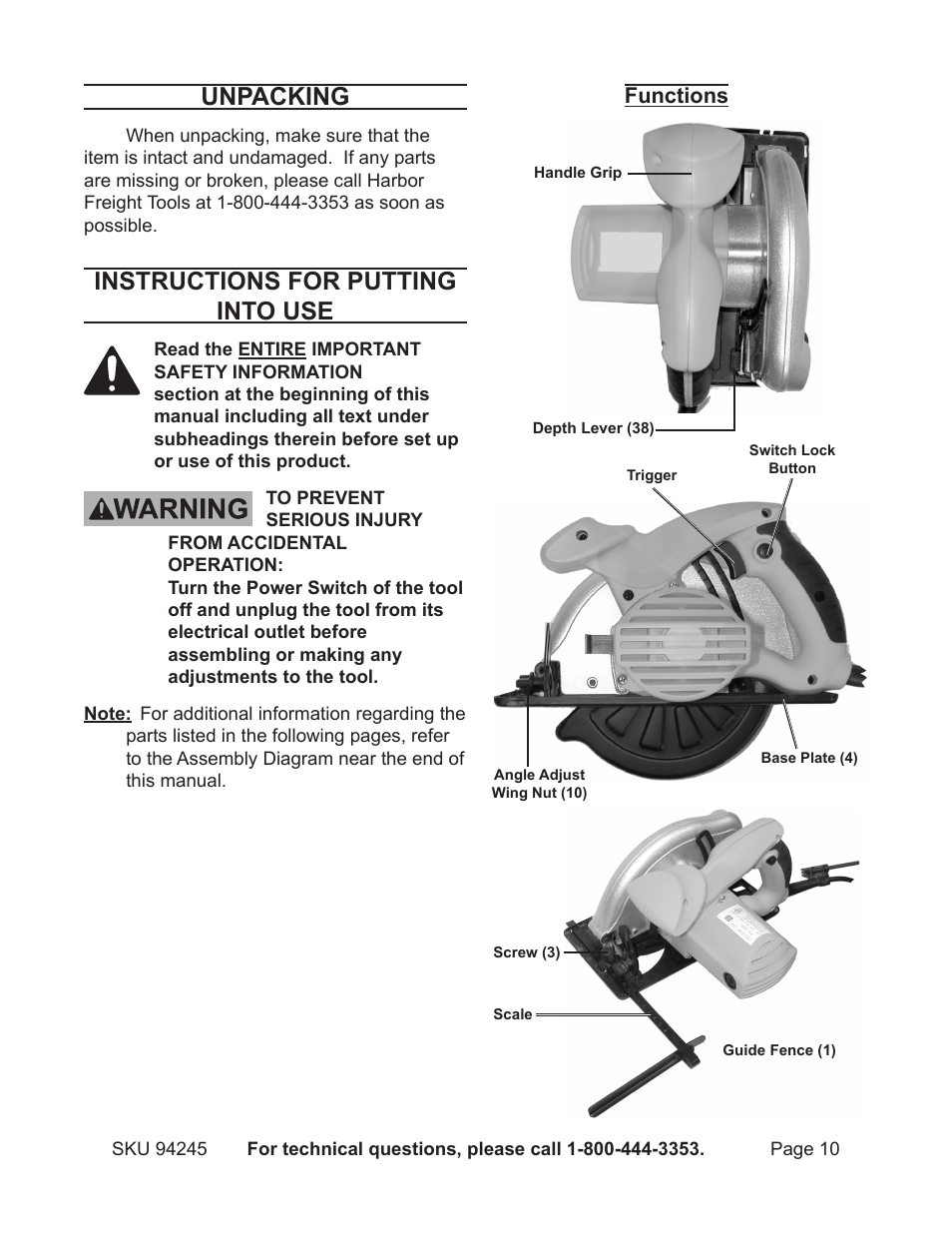 Unpacking, Instructions for putting into use | Harbor Freight Tools Model 94245 User Manual | Page 10 / 18