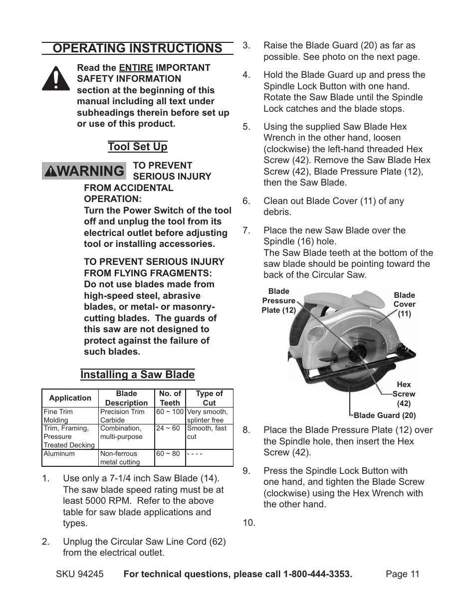 Operating instructions, Tool set up, Installing a saw blade | Harbor Freight Tools Model 94245 User Manual | Page 11 / 18