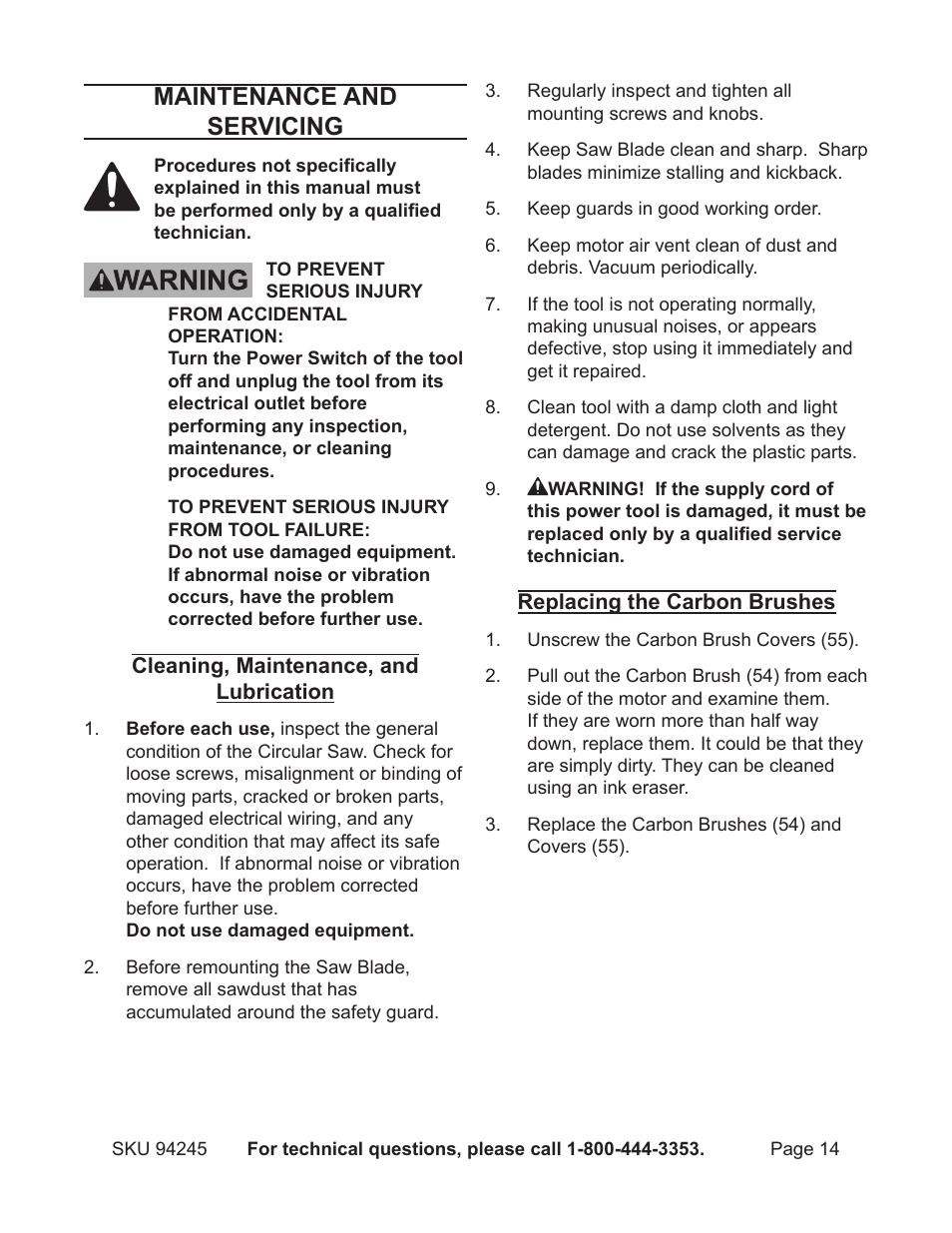Maintenance and servicing | Harbor Freight Tools Model 94245 User Manual | Page 14 / 18