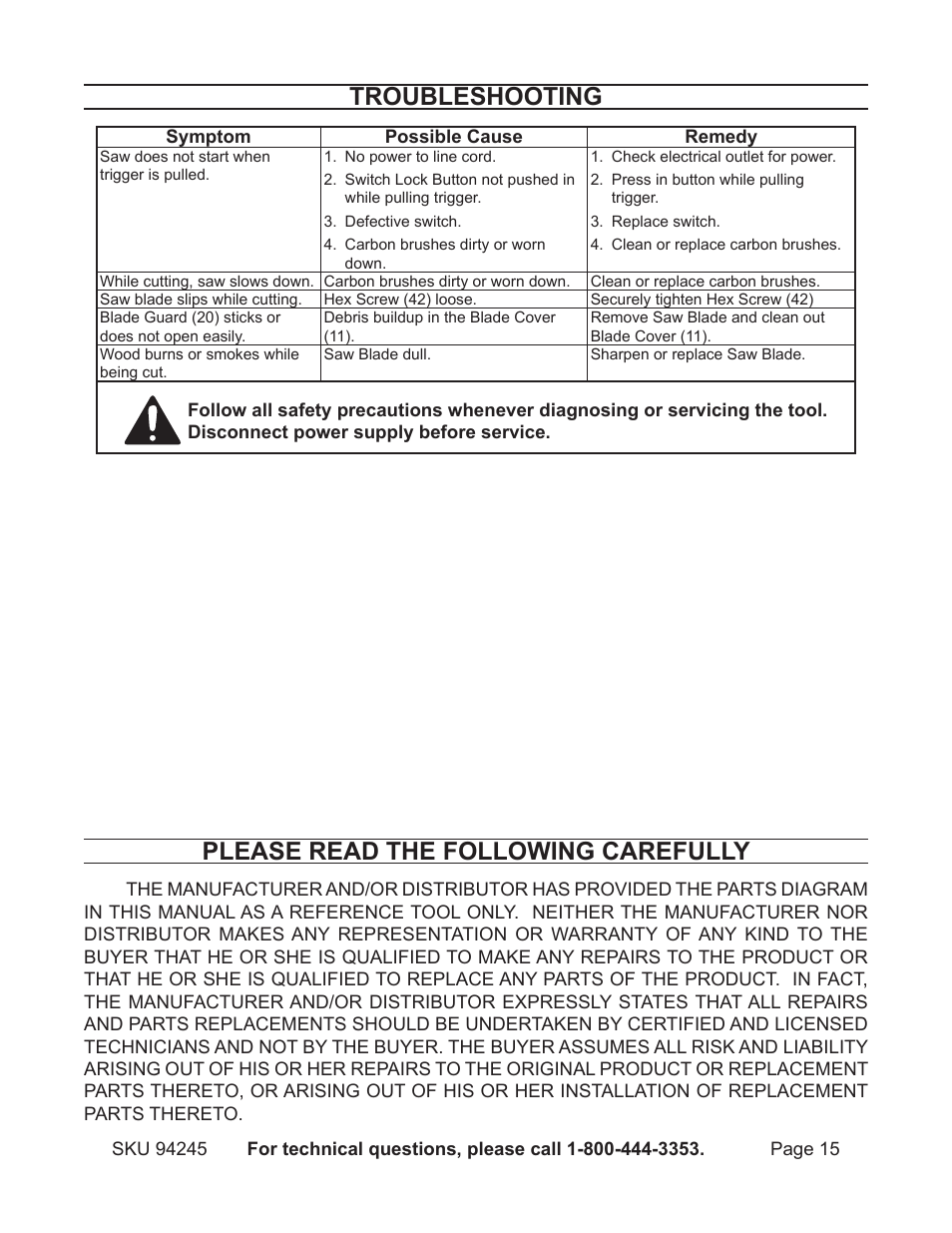 Please read the following carefully, Troubleshooting | Harbor Freight Tools Model 94245 User Manual | Page 15 / 18
