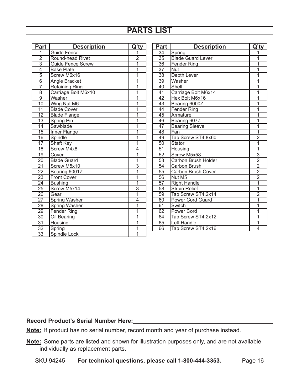 Parts list | Harbor Freight Tools Model 94245 User Manual | Page 16 / 18