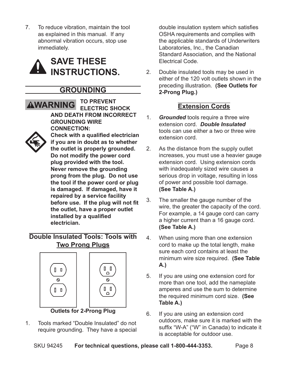 Save these instructions, Grounding | Harbor Freight Tools Model 94245 User Manual | Page 8 / 18