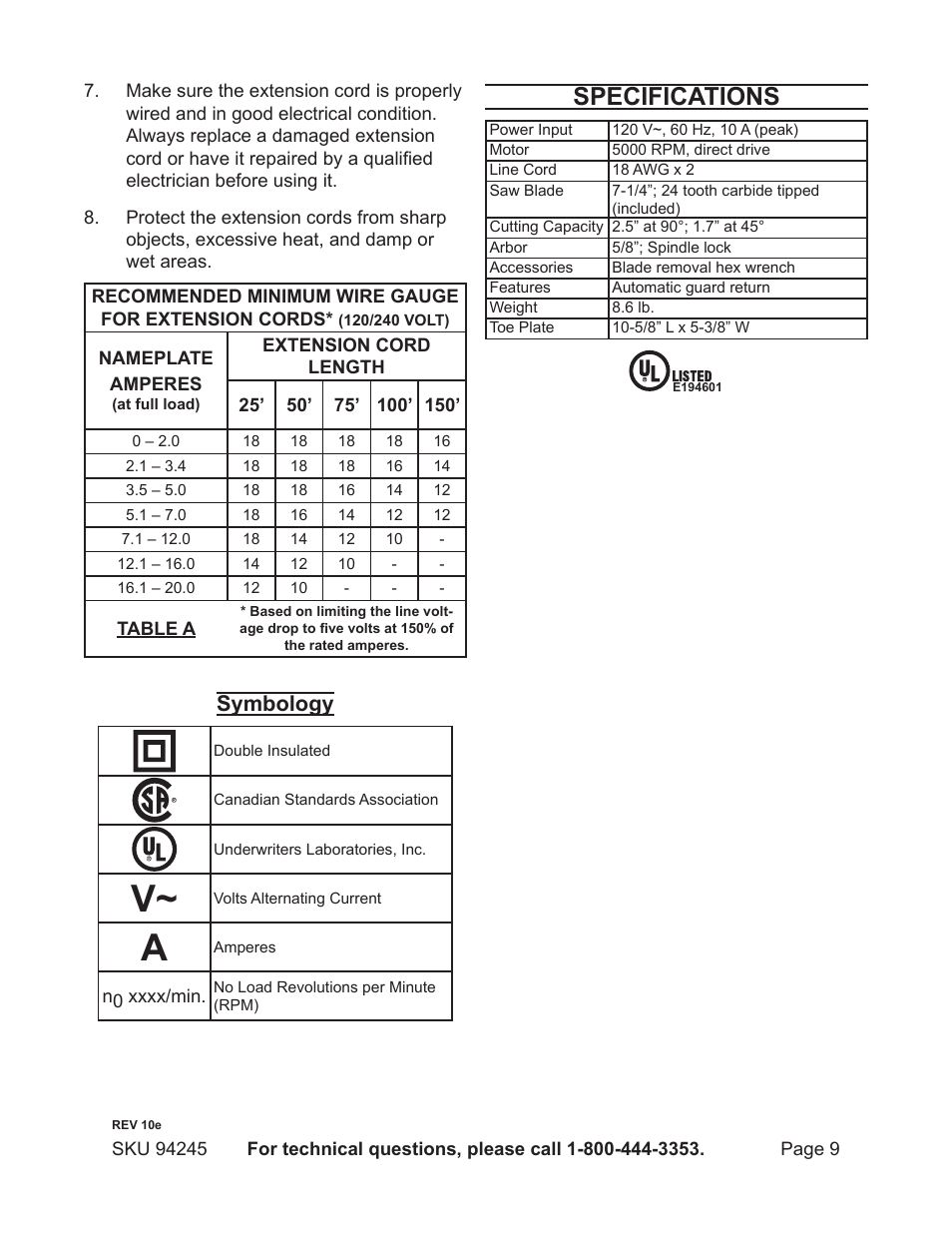 Specifications, Symbology | Harbor Freight Tools Model 94245 User Manual | Page 9 / 18
