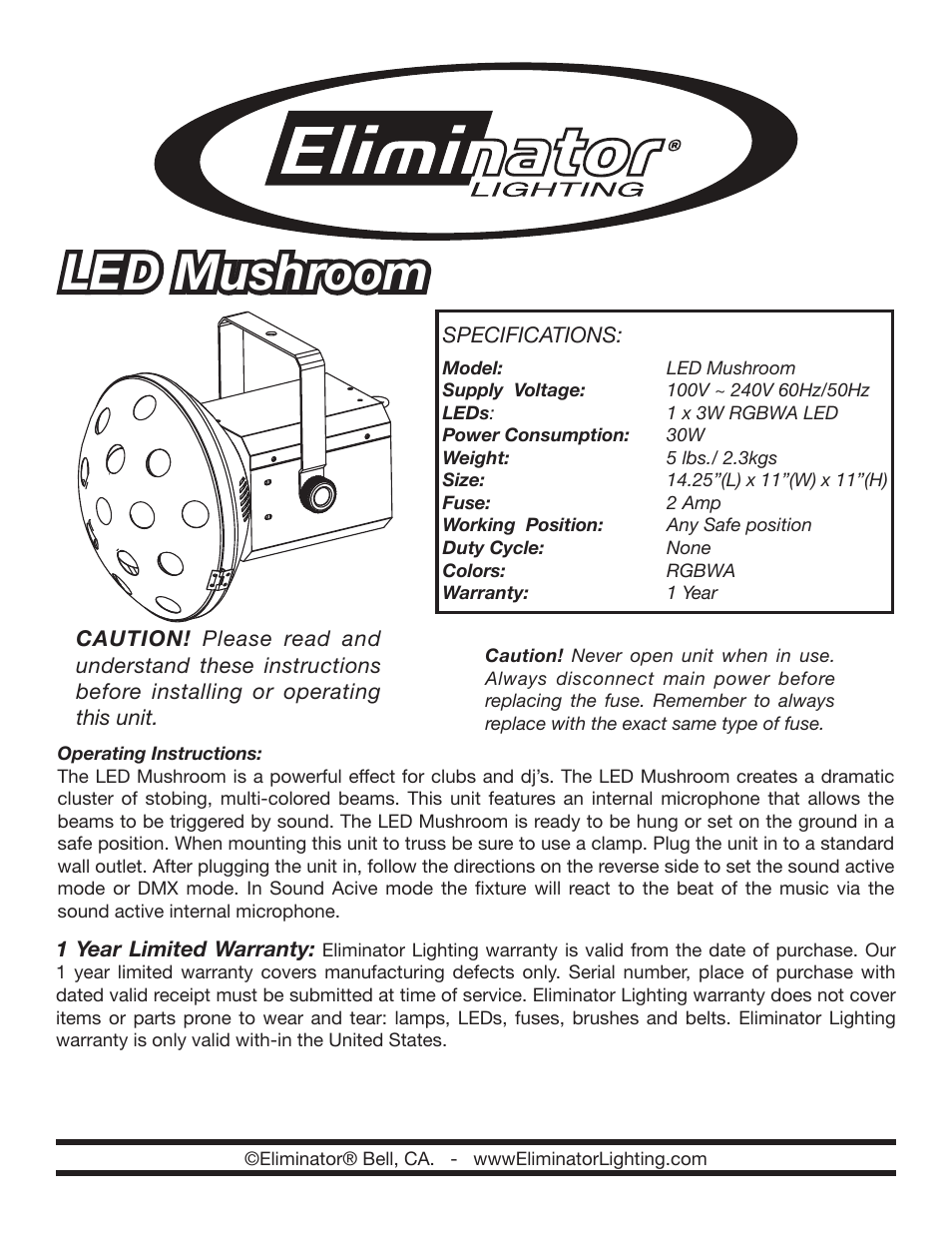 Eliminator Lighting LED Mushroom User Manual | 2 pages