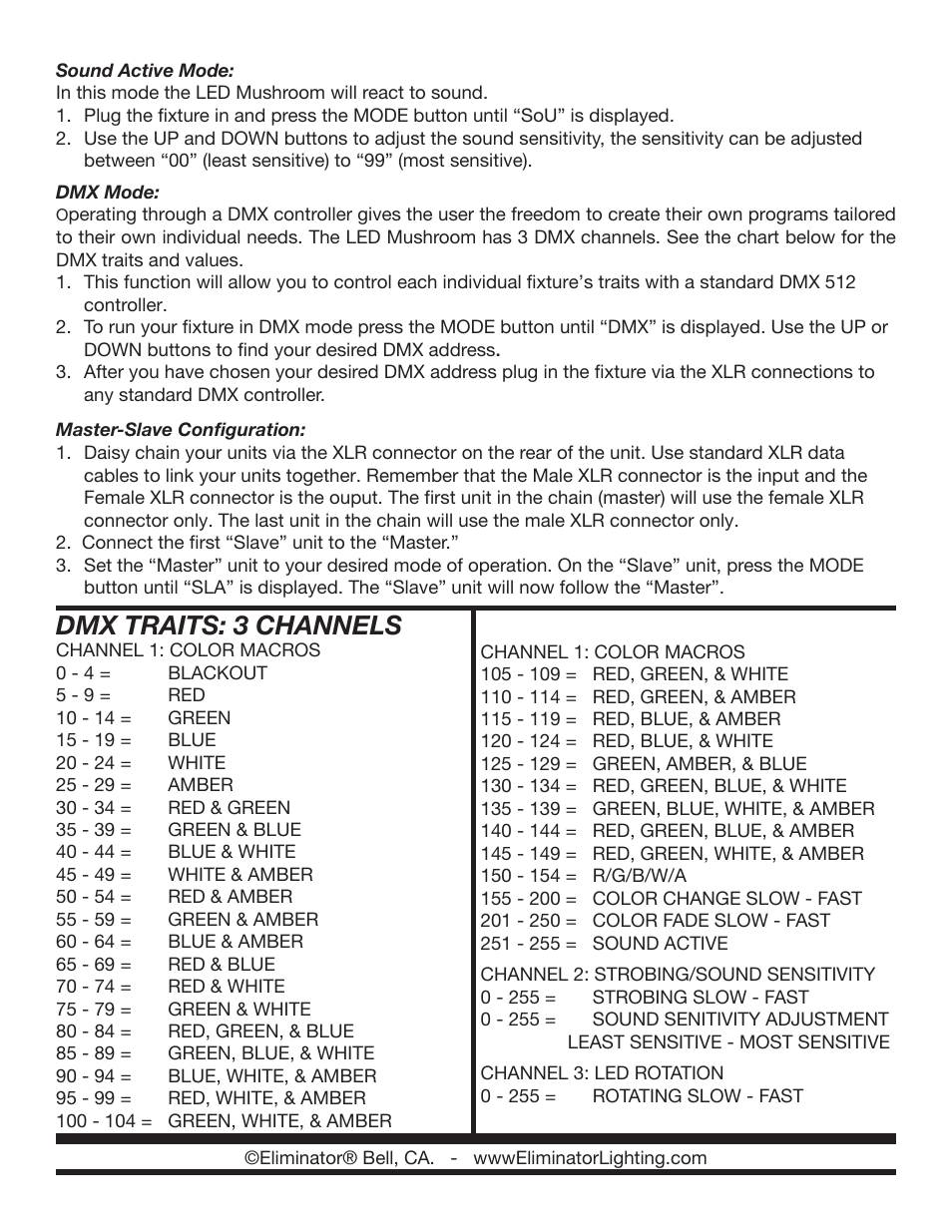 Dmx traits: 3 channels | Eliminator Lighting LED Mushroom User Manual | Page 2 / 2