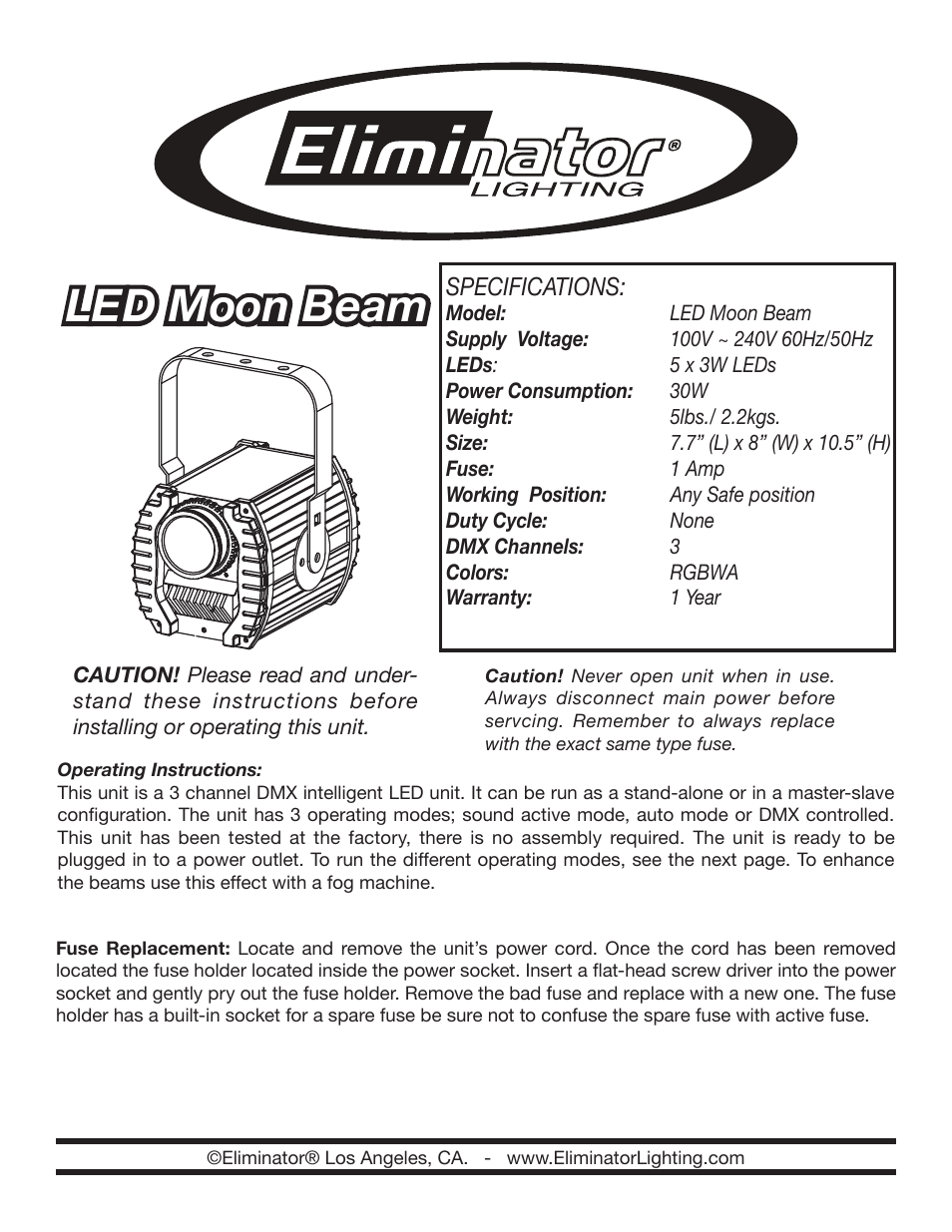 Eliminator Lighting LED Moon Beam User Manual | 3 pages