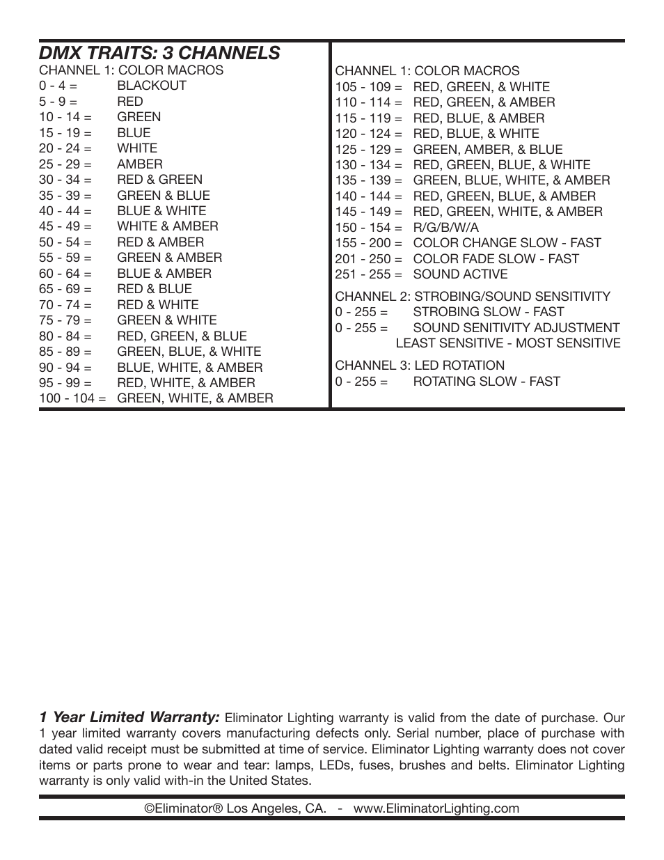 Dmx traits: 3 channels | Eliminator Lighting LED Moon Beam User Manual | Page 3 / 3