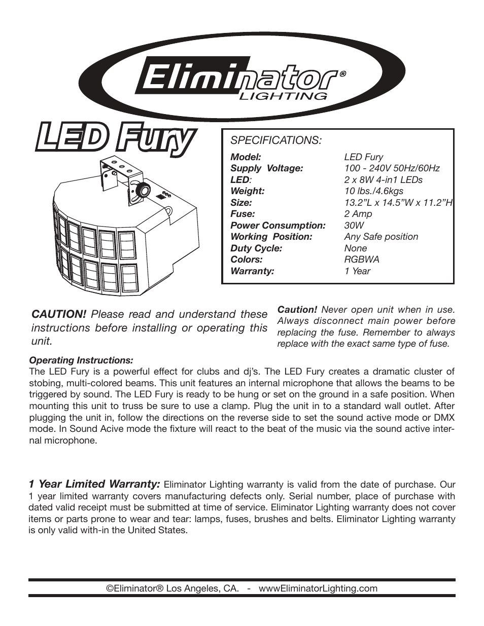 Eliminator Lighting LED Fury User Manual | 2 pages