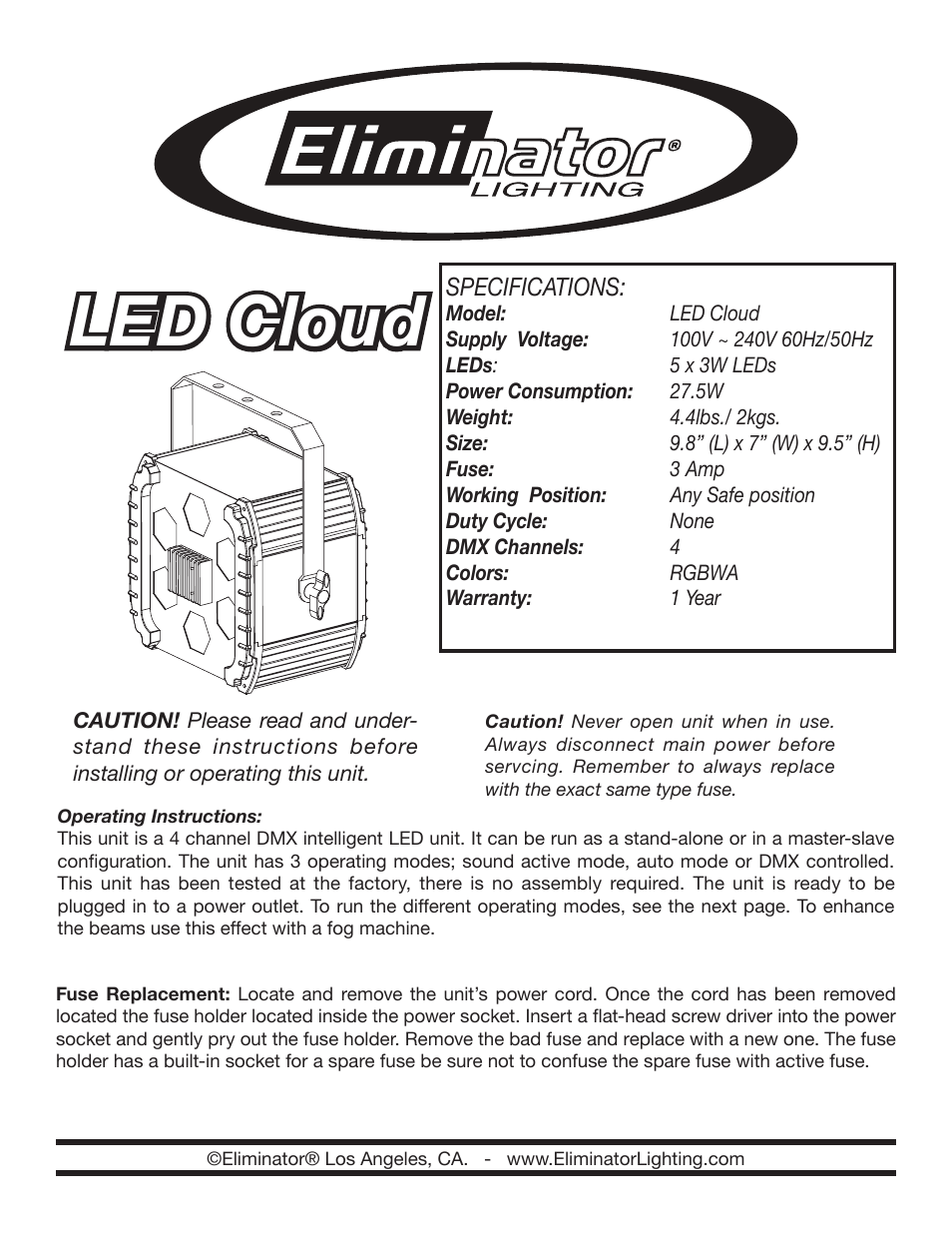 Eliminator Lighting LED Cloud User Manual | 3 pages