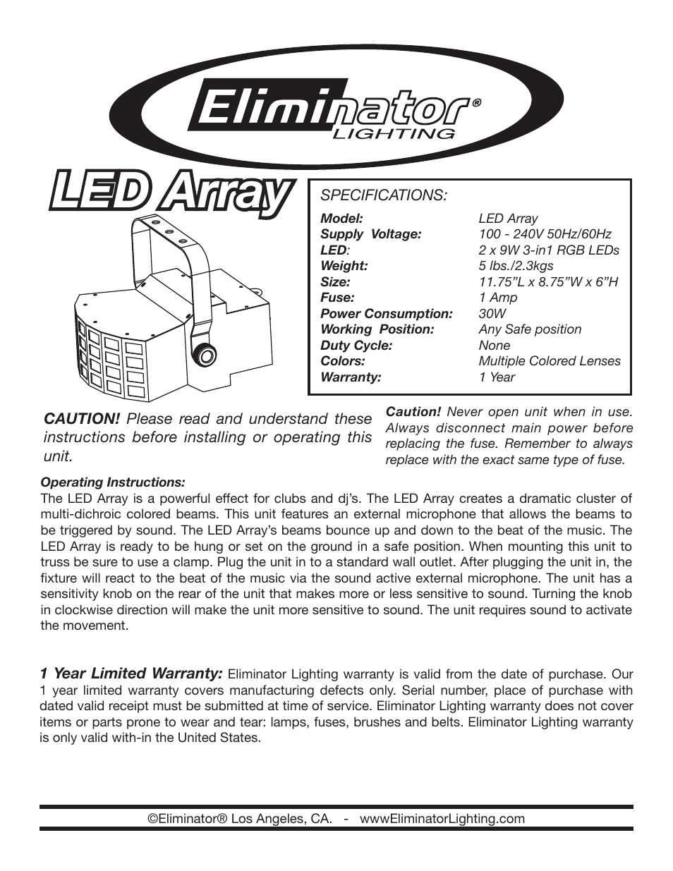 Eliminator Lighting LED Array User Manual | 1 page