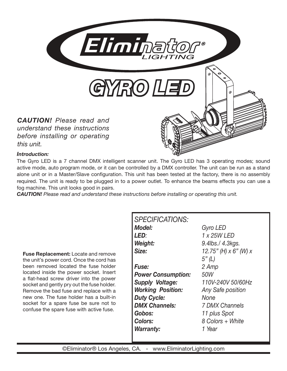 Eliminator Lighting Gyro LED User Manual | 4 pages