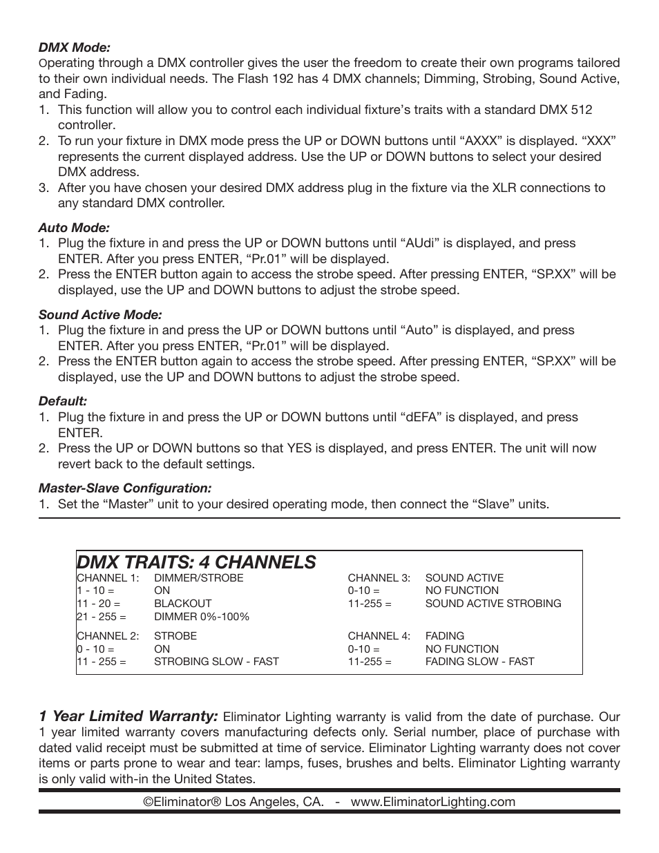 Dmx traits: 4 channels, 1 year limited warranty | Eliminator Lighting Flash 192 User Manual | Page 2 / 2