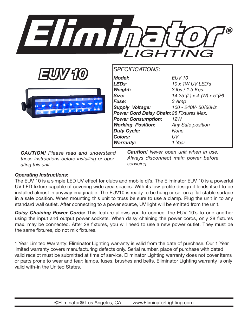 Eliminator Lighting EUV 10 User Manual | 1 page