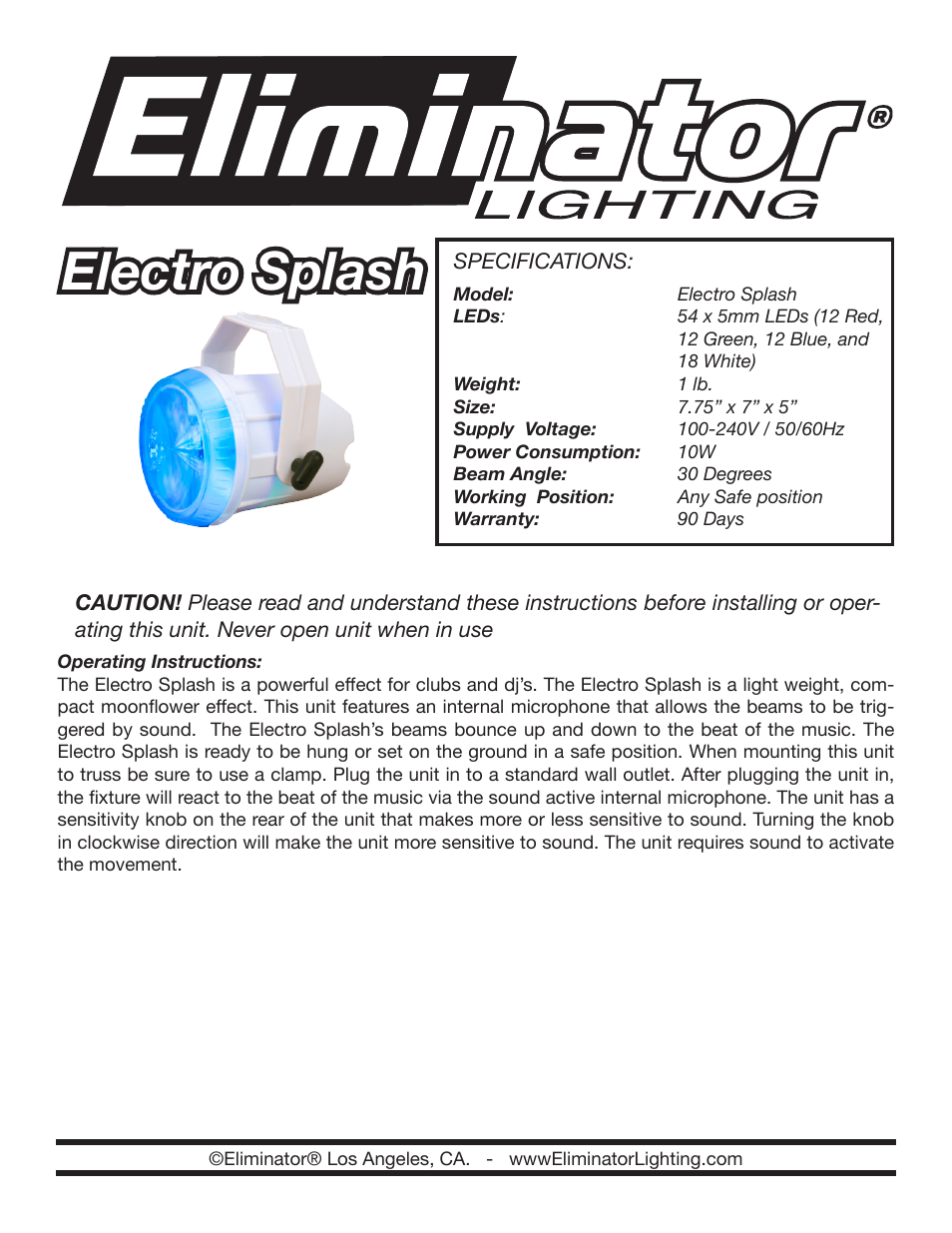 Eliminator Lighting Electro Splash User Manual | 1 page