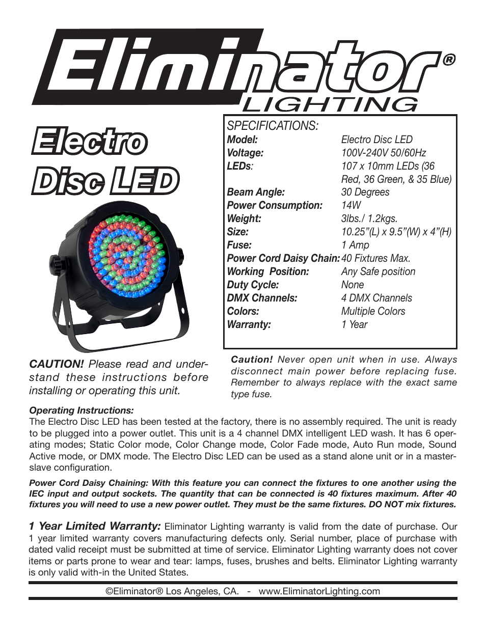 Eliminator Lighting Electro Disc LED User Manual | 4 pages