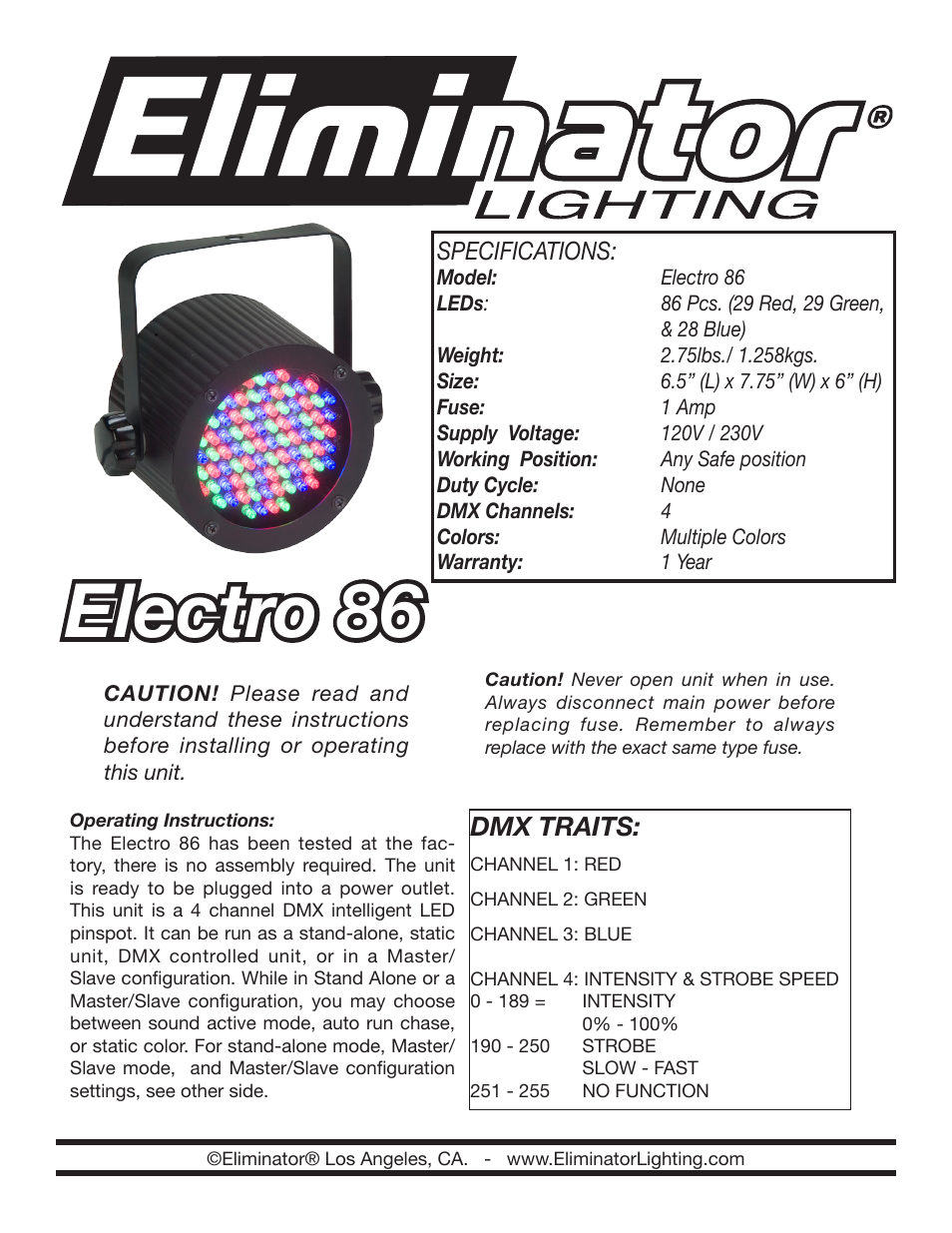 Eliminator Lighting Electro 86 User Manual | 2 pages