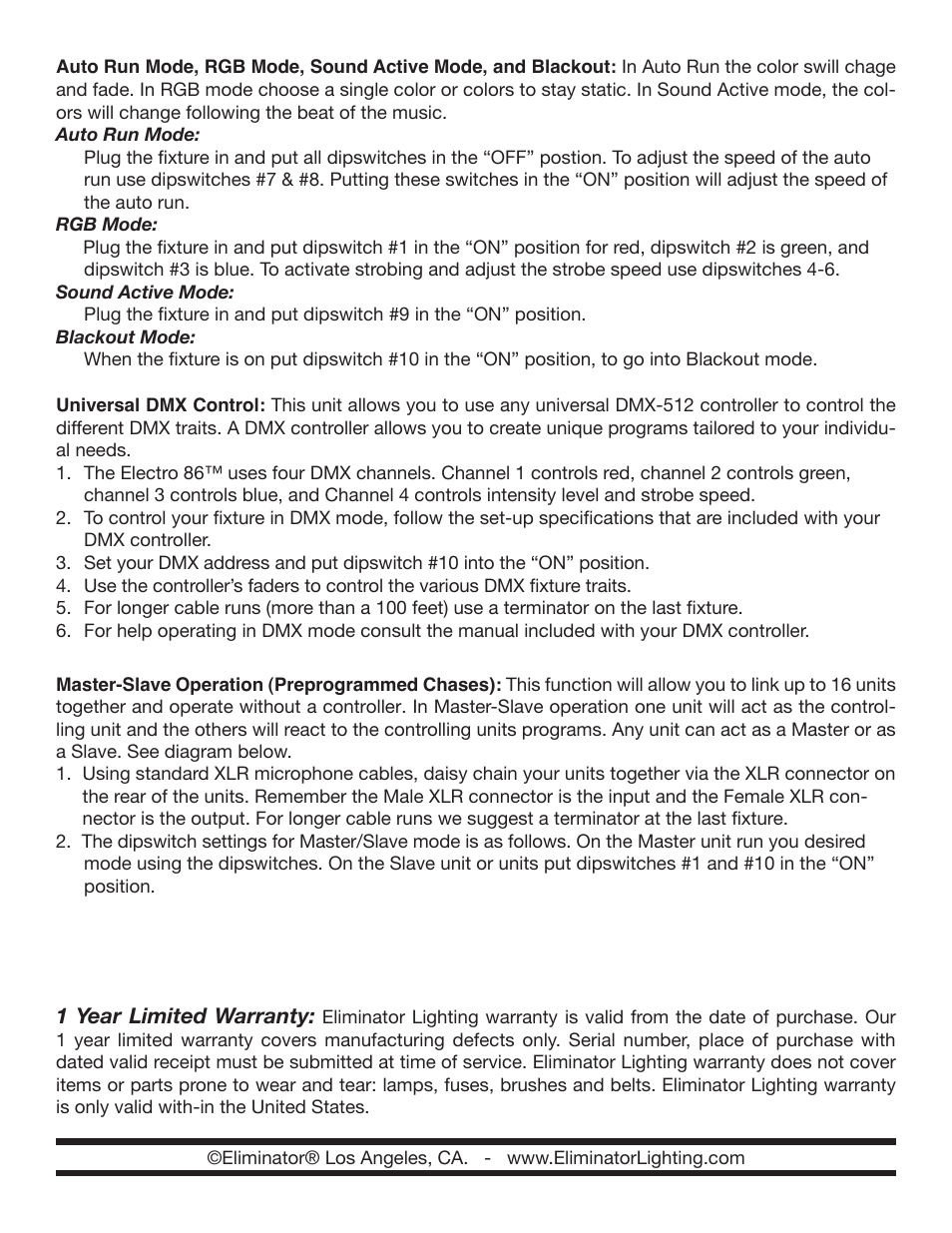 Eliminator Lighting Electro 86 User Manual | Page 2 / 2